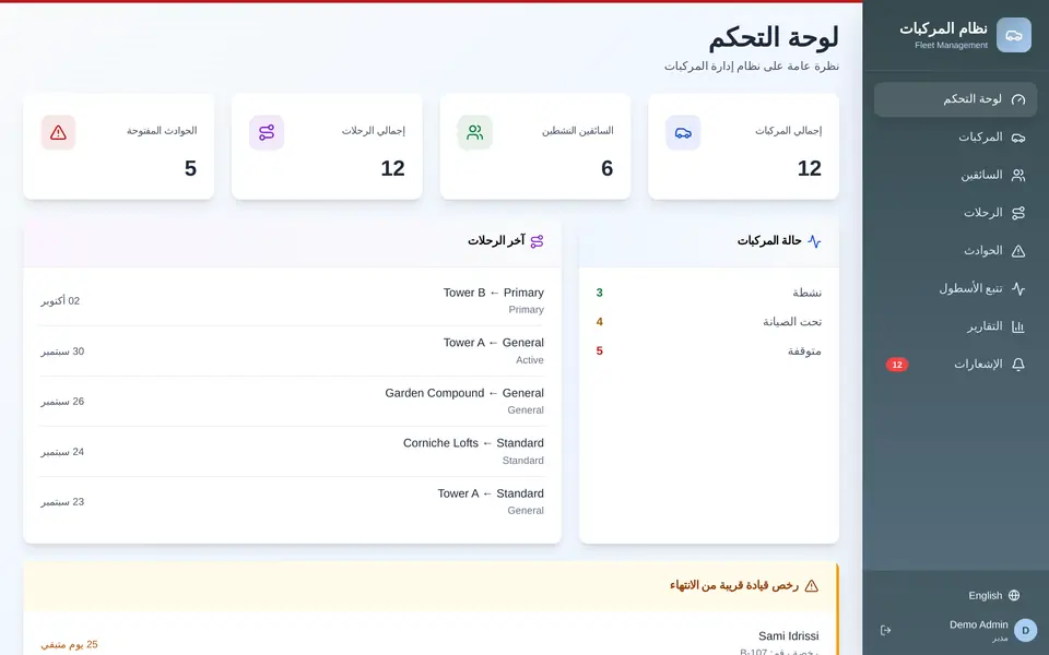 تطبيق مدير المركبات — واجهة الحاسوب